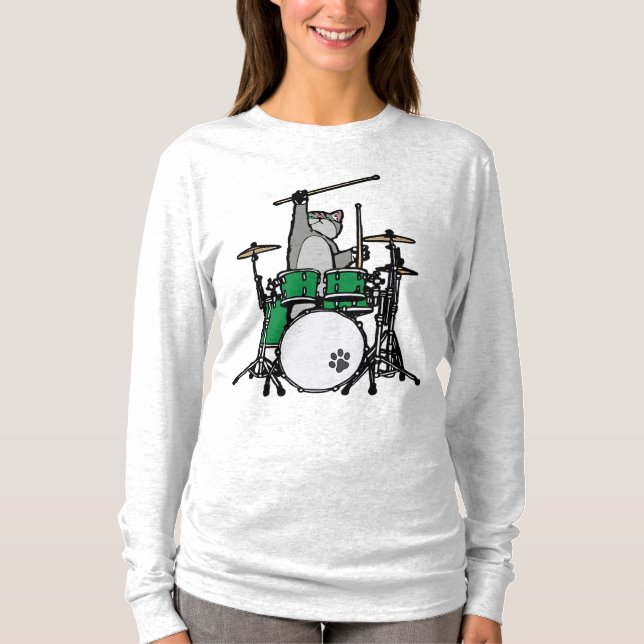 Funny Cat Playing Drums, Cat Drummer T-Shirt (Front)