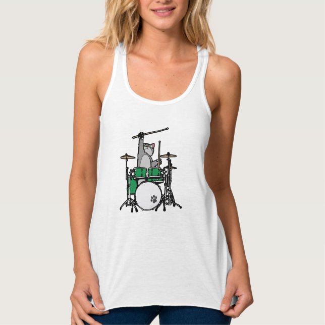 Funny Cat Playing Drums, Cat Drummer Tank Top (Front)