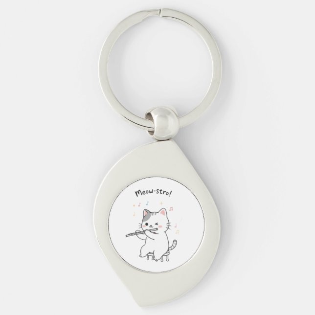 Funny Cat Playing Flute Key Ring  (Front)