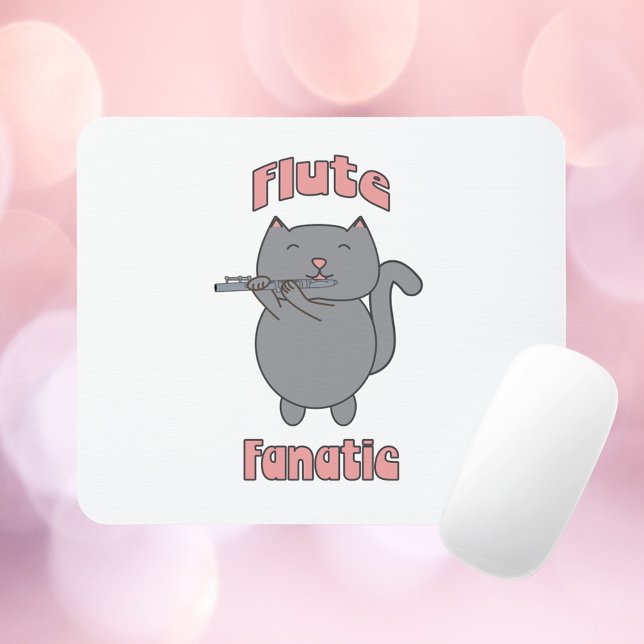 Funny Cat Playing Flute Music Lover Musician Carto Mouse Pad (A mousepad featuring a gray cat playing the flute with the words Flute Fanatic in pink.)