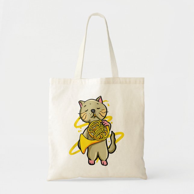 Funny Cat Playing French Horn Musical Instrument H Tote Bag (Front)