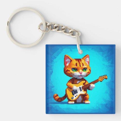 Funny Cat Playing Guitar Art Keychain