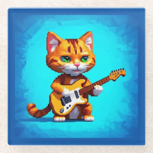 Funny Cat Playing Guitar  Glass Coaster