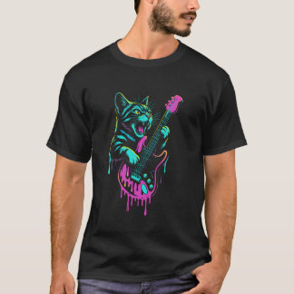 Funny Cat Playing Guitar Rock and Roll Drip Retro T-Shirt