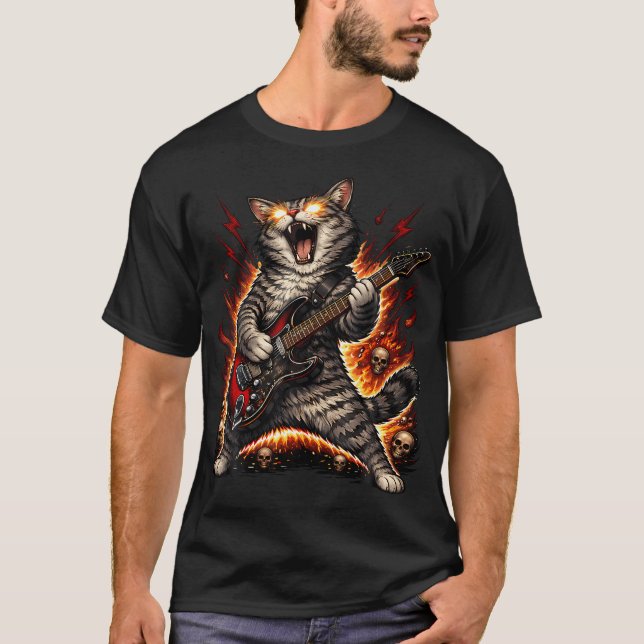 Funny Cat Playing Guitar Rock And Roll For T-Shirt (Front)