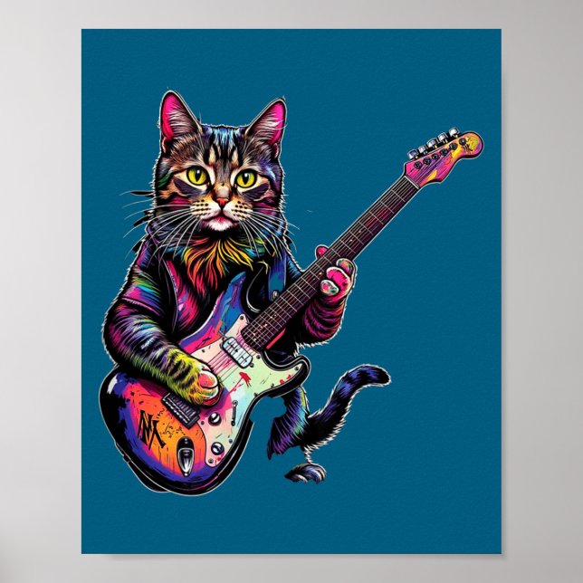 Funny Cat Playing Guitar Rock And Roll Men Women K Poster (Front)