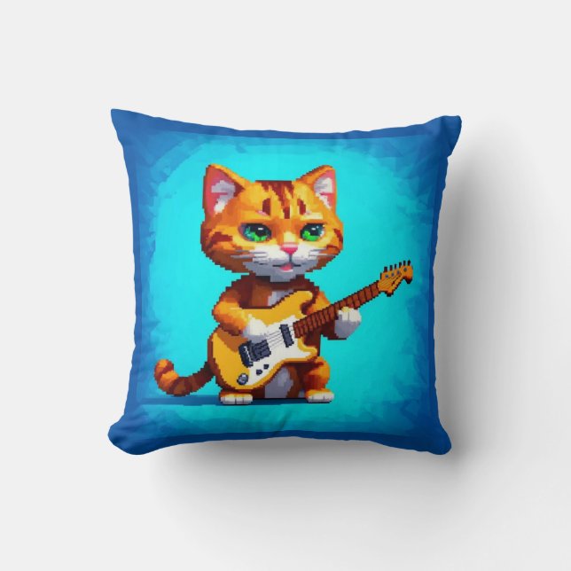 Funny Cat Playing Guitar  Throw Pillow (Front)