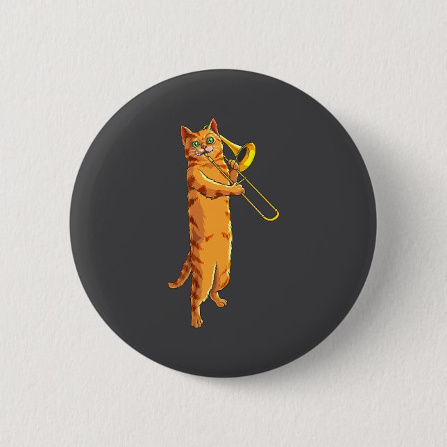 Funny Cat Playing Trombone Gift Cool Kitten Musici Button (Front)