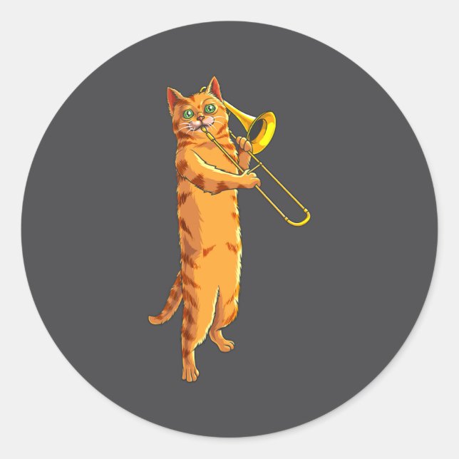 Funny Cat Playing Trombone Gift Cool Kitten Musici Classic Round Sticker (Front)