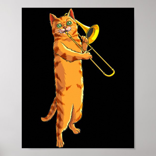 Funny Cat Playing Trombone Gift Cool Kitten Musici Poster (Front)