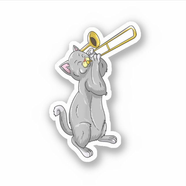 Funny Cat Playing Trombone Gift Cool Kitten Musici Sticker (Front)