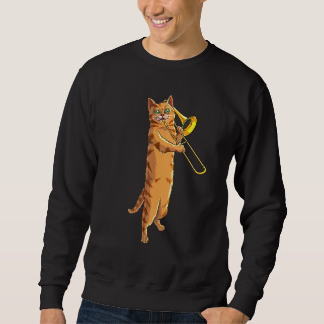 Funny Cat Playing Trombone Gift Cool Kitten Musici Sweatshirt (Front)