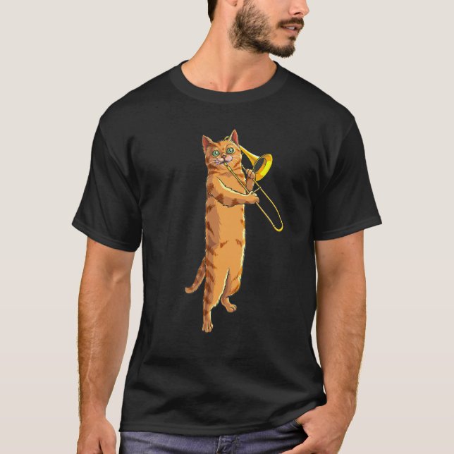Funny Cat Playing Trombone Gift Cool Kitten Musici T-Shirt (Front)