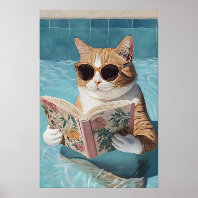 Funny Cat Pool Party Poster Bathroom Wall Art (No (Front)