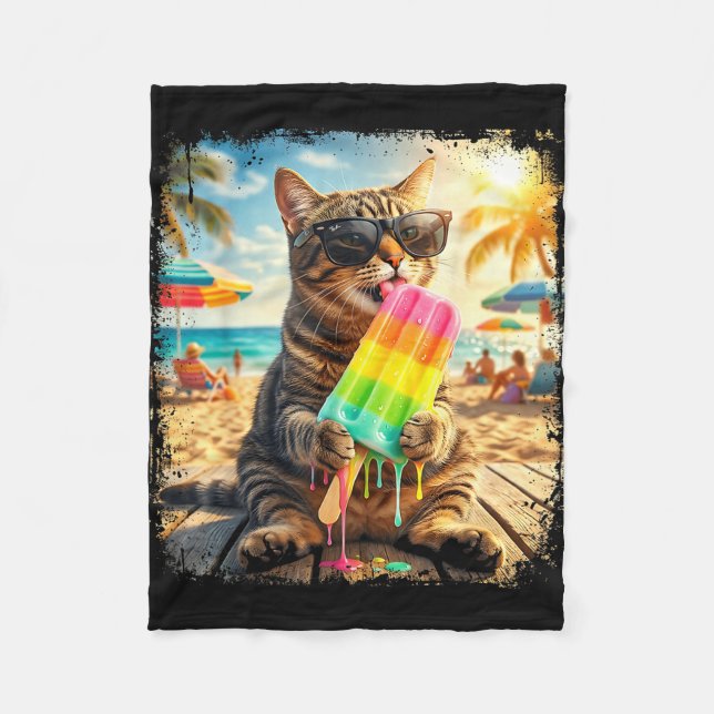Funny cat popsicle summer animal sunglasses meme fleece blanket (Front)