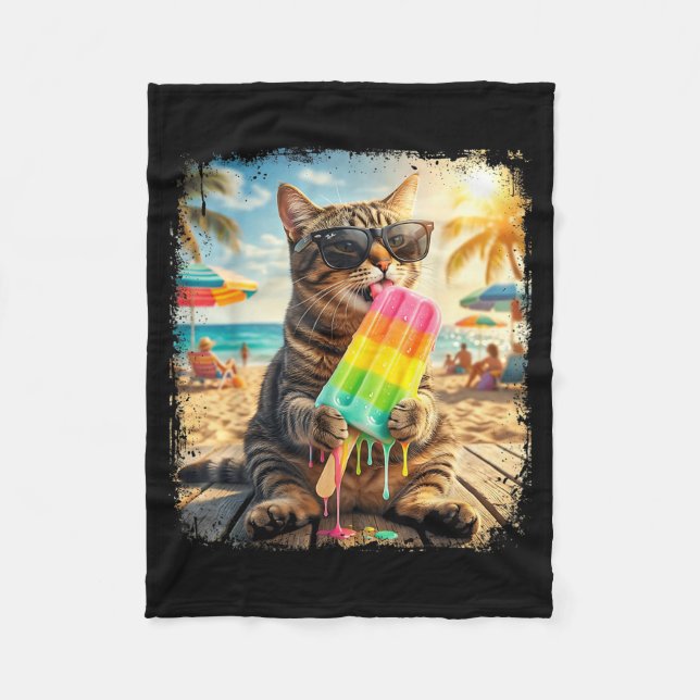 Funny Cat Popsicle Summer Animal Sunglasses Meme Fleece Blanket (Front)