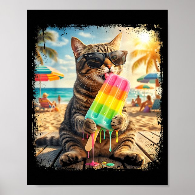 Funny Cat Popsicle Summer Animal Sunglasses Meme Poster (Front)
