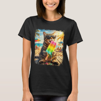 Funny cat popsicle summer animal sunglasses meme T-Shirt