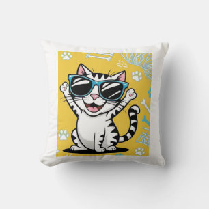 Funny Cat Poster, Cartoon cat wearing sunglasses Throw Pillow