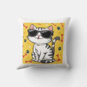 Funny Cat Poster, Cartoon cat wearing sunglasses Throw Pillow