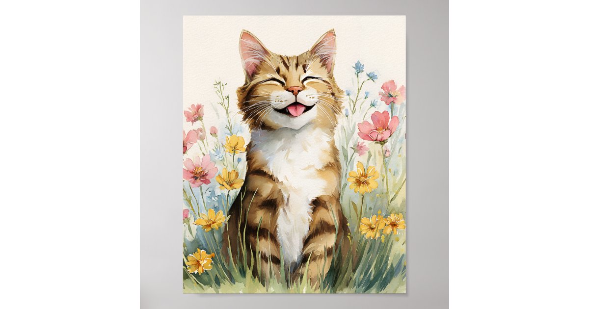 Funny Cat Poster - Cute Smiling Tabby Cat Wall Art | Zazzle