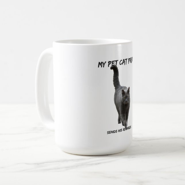 Funny cat print white my cat sends his regards mug (Front Left)