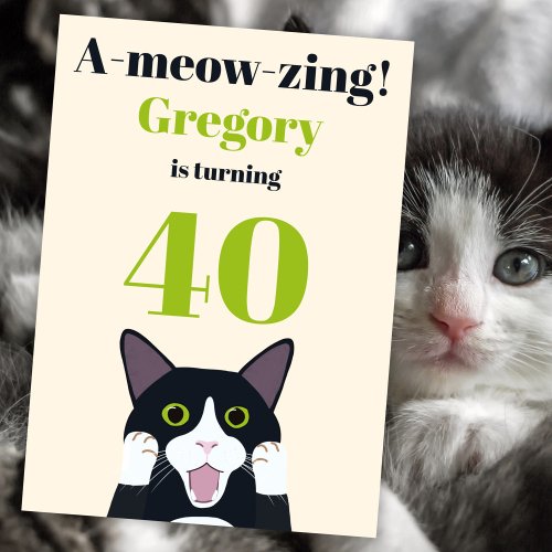 Funny cat pun 40th birthday party invitation