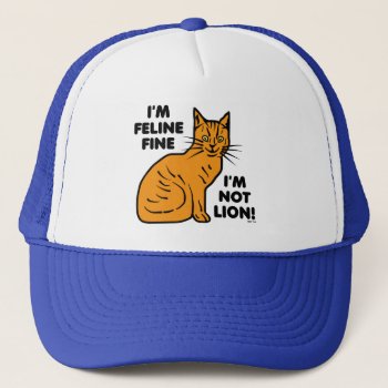 Funny Cat Pun Orange Feline Fine Kitty Trucker Hat by FunnyTShirtsAndMore at Zazzle