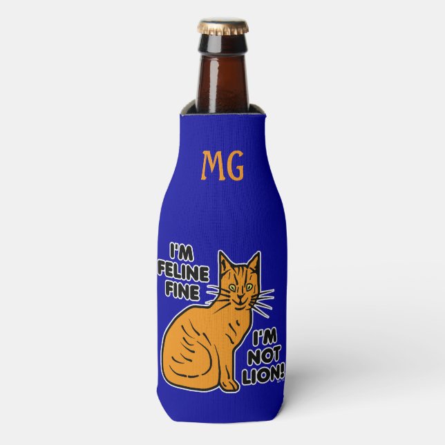 Funny Cat Pun Orange Kitty Feline Fine Monogram Bottle Cooler (Bottle Front)