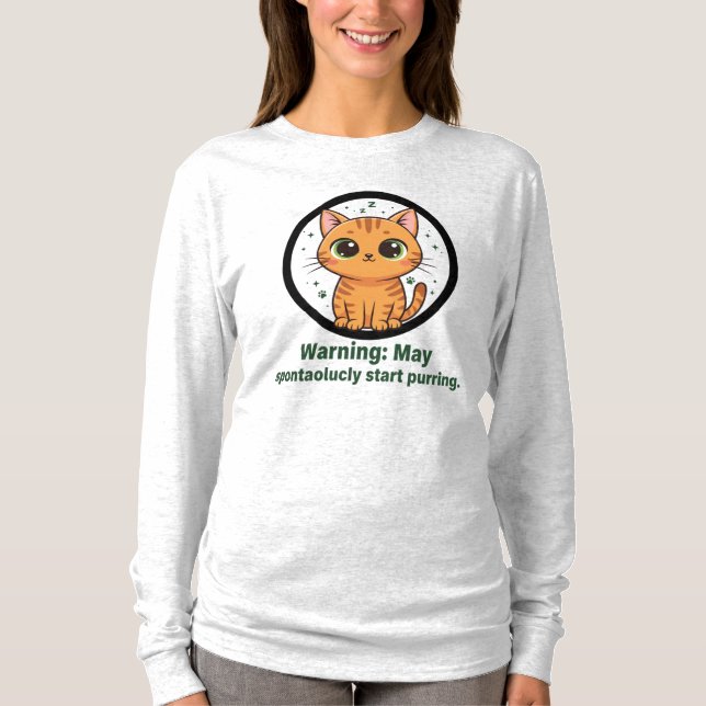 Funny Cat Purring Warning Long Sleeve Tee (Front)