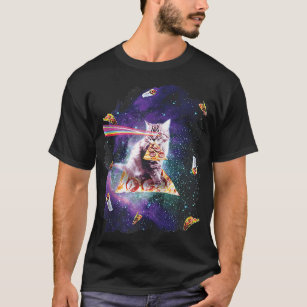 Funny Cat Rainbow Laser Eyes Riding Pizza Astronau T-Shirt