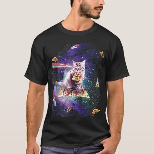 Funny Cat Rainbow Laser Eyes Riding Pizza Astronau T_Shirt