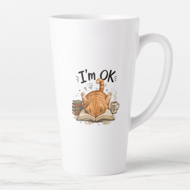 Funny Cat Reading Books Coffee Lover Graphic Latte Mug (Right)