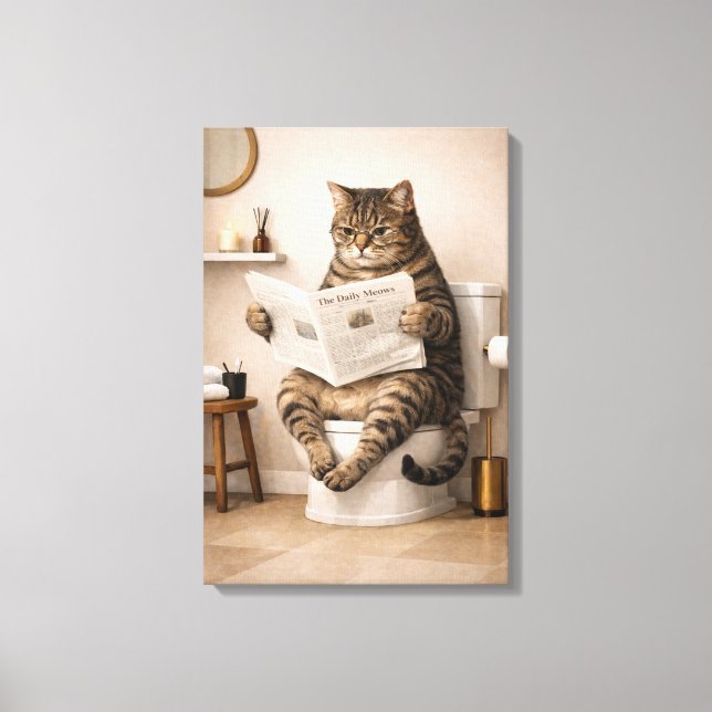 Funny Cat Reading Newspaper Bathroom Humor Canvas Print (Front)