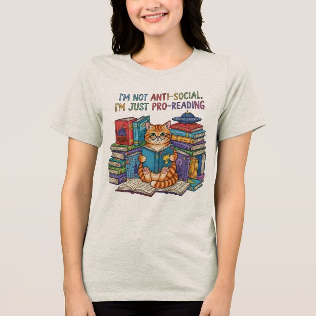 Funny Cat Reading T-Shirt – Cat Lover Gift Tri-Blend Shirt (Front)