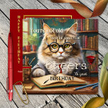 Funny Cat Red Wine Books Birthday  Card<br><div class="desc">Birthday card featuring a cute cat with glasses ( :-) ) in a library or room with lots of books. Add your own funny (or other) texts. On the back is a classy burgundy red design with the same image framed by gold. Beautiful for any over the hill birthday and...</div>