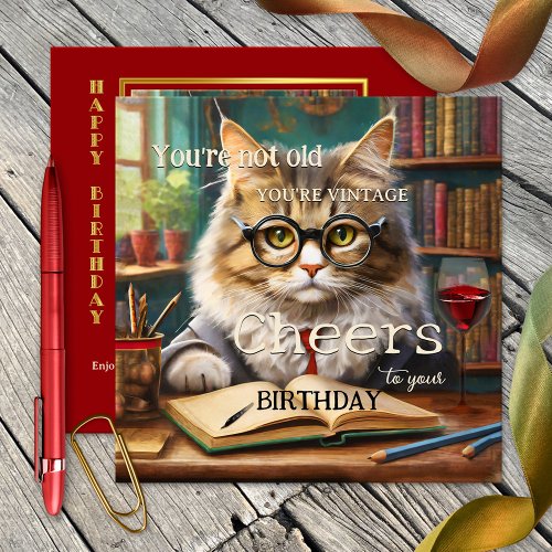 Funny Cat Red Wine Books Birthday  Card