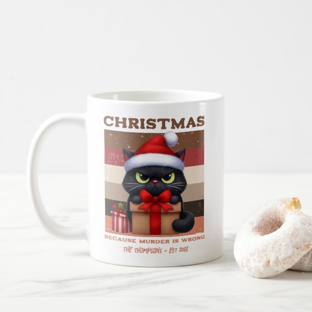 Funny Cat Retro Christmas Holiday Personalized Coffee Mug (With Donut)