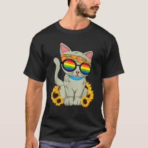 Funny Cat Retro Sunflower Rainbow Hippie T-Shirt