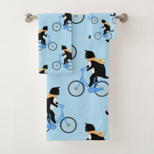 Funny Cat Riding Bicycle Personalized Blue Bath Towel Set