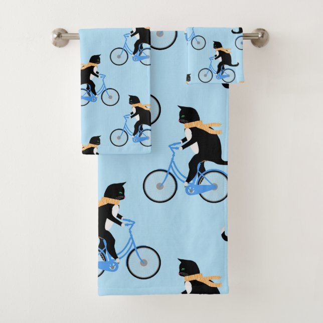 Funny Cat Riding Bicycle Personalized Blue Bath Towel Set (Insitu)