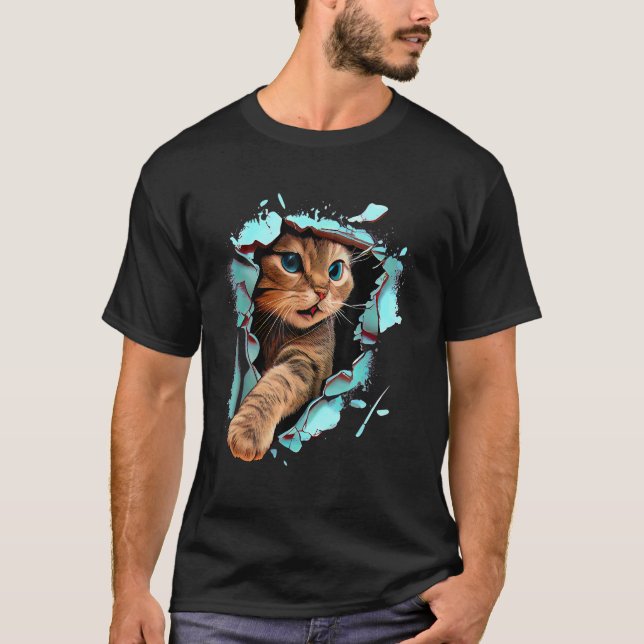 Funny Cat Ripping Through Graphic Clawing Creative T-Shirt (Front)