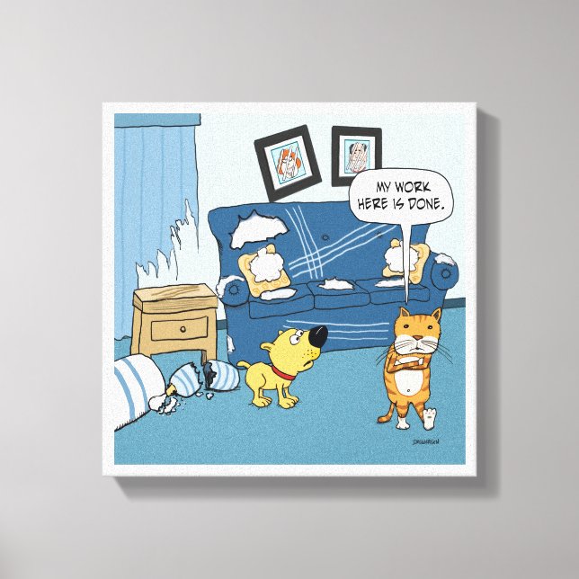 Funny Cat Rips Up the Room Wrapped Canvas Print (Front)