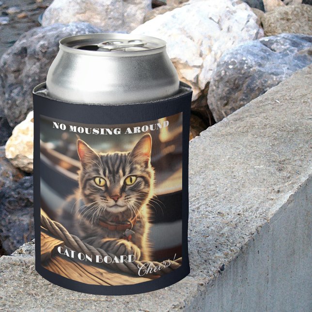 Funny Cat Sailor Nautical Can Cooler (Nautical can cooler featuring a funny cat on a boat)