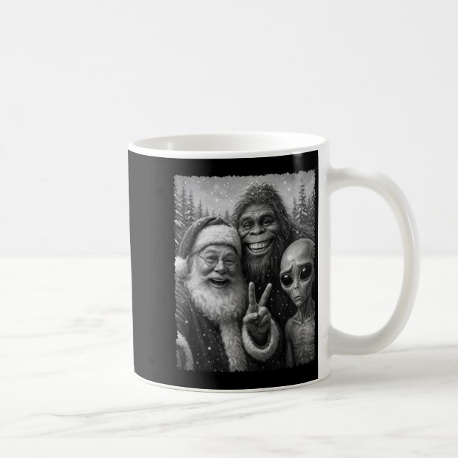 Funny Cat Santa Bigfoot Alien Christmas Selfie Tee Coffee Mug (Right)