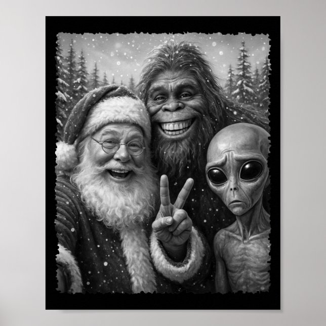 Funny Cat Santa Bigfoot Alien Christmas Selfie Tee Poster (Front)
