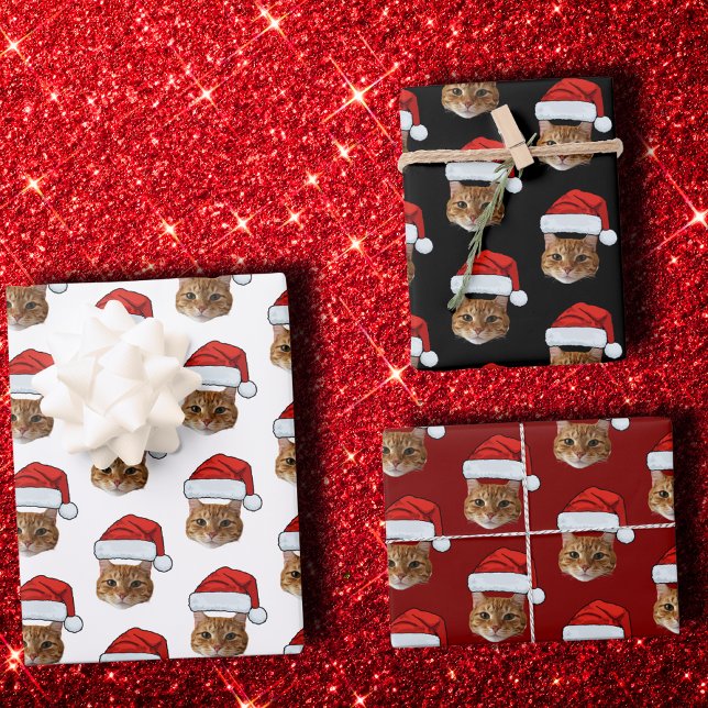 Funny Cat Santa Hat | Custom Face Photo Christmas Wrapping Paper Sheets (Creator Uploaded)