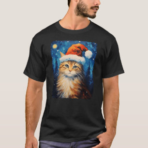 Funny Cat Santa Starry Night Christmas Van Gogh Oi T-Shirt