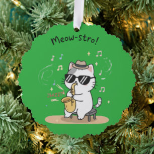 Funny Cat Saxophone Player Jazz Ornament Card