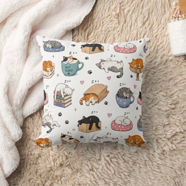 Funny Cat Seamless Pattern Decorative Throw Pillow (Blanket)